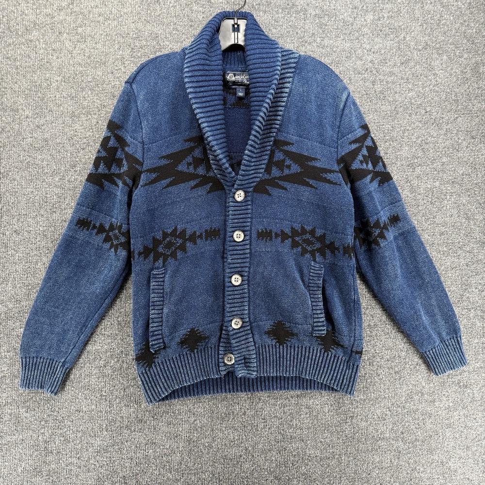 American Rag Sweater Womens L Blue Aztec Button Up Knit Boho Cottage Western